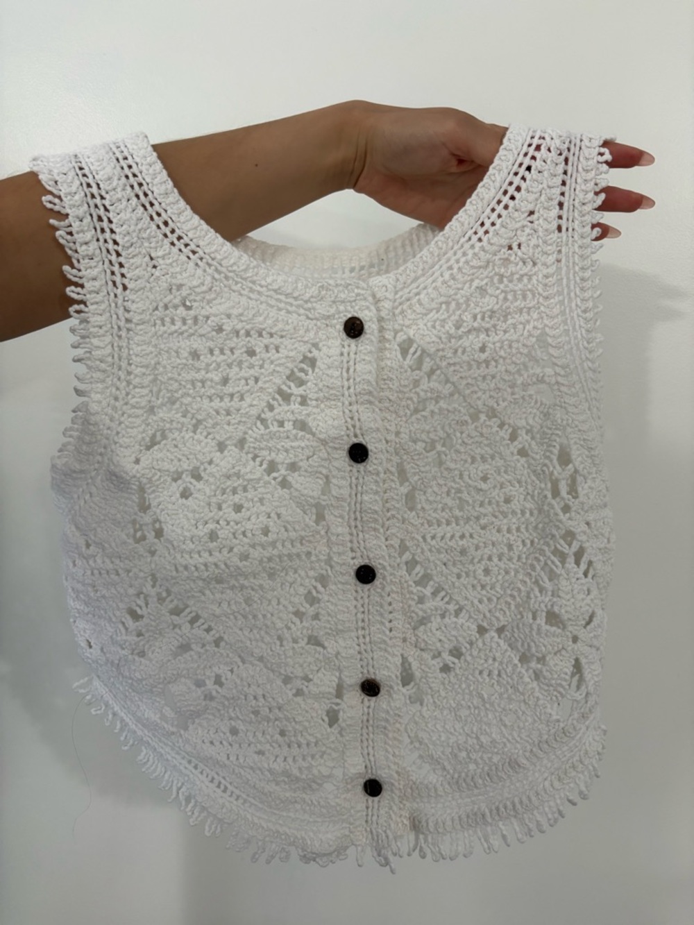 Vintage Hand-Crocheted White Button-Front Tank Top